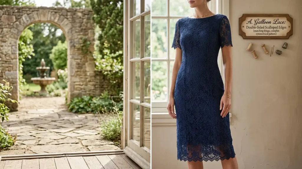 Fitted dress cut from double-sided eyelash lace showing the finished hem edges Caption