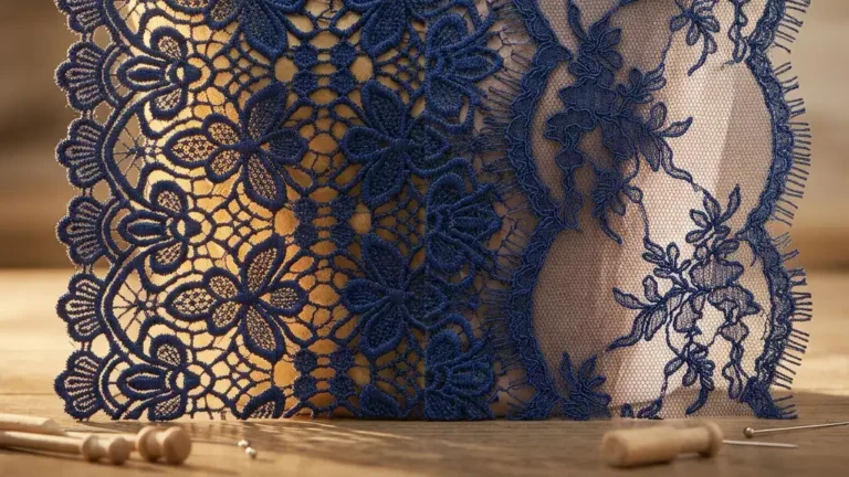 Double-sided eyelash lace fabric draped to show fringe on both edges Caption