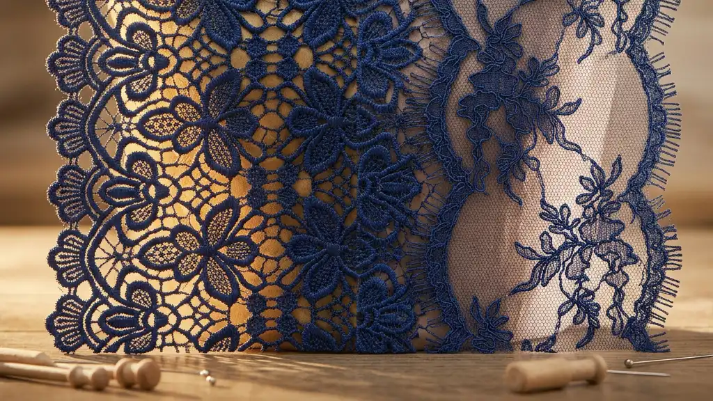 Double-sided eyelash lace fabric draped to show fringe on both edges Caption