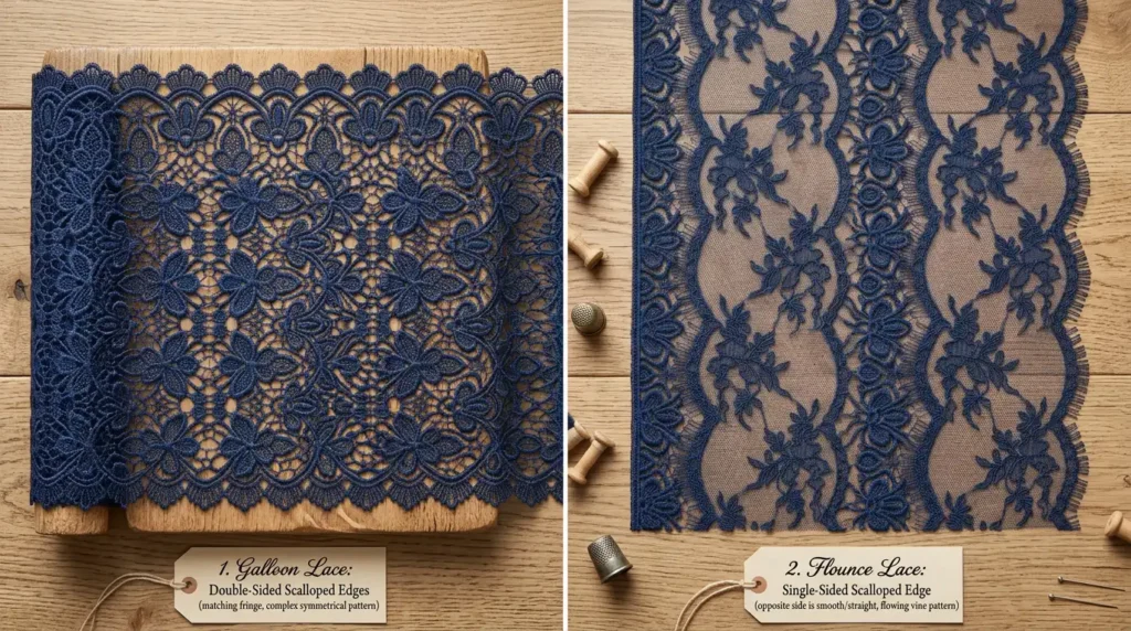 Double-sided galloon lace compared to single-sided flounce lace Caption