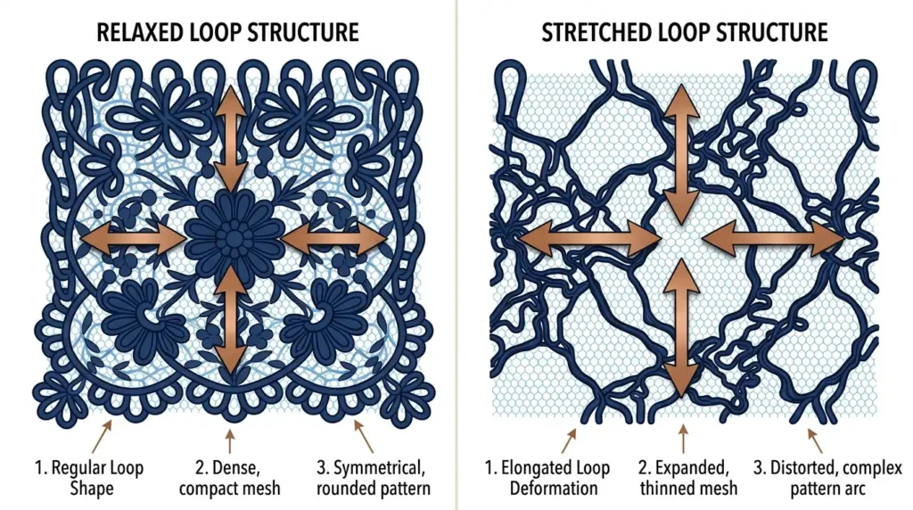Diagram of knit fabric loops in relaxed and stretched states Caption