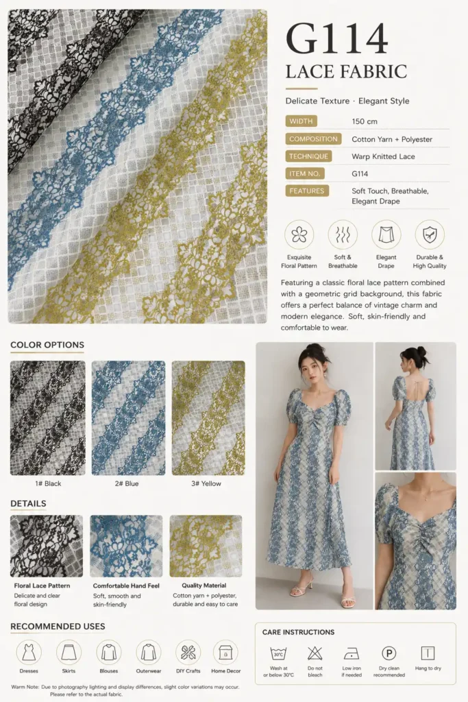 G114 cotton-polyester lace fabric in three colorways with a finished dress Caption