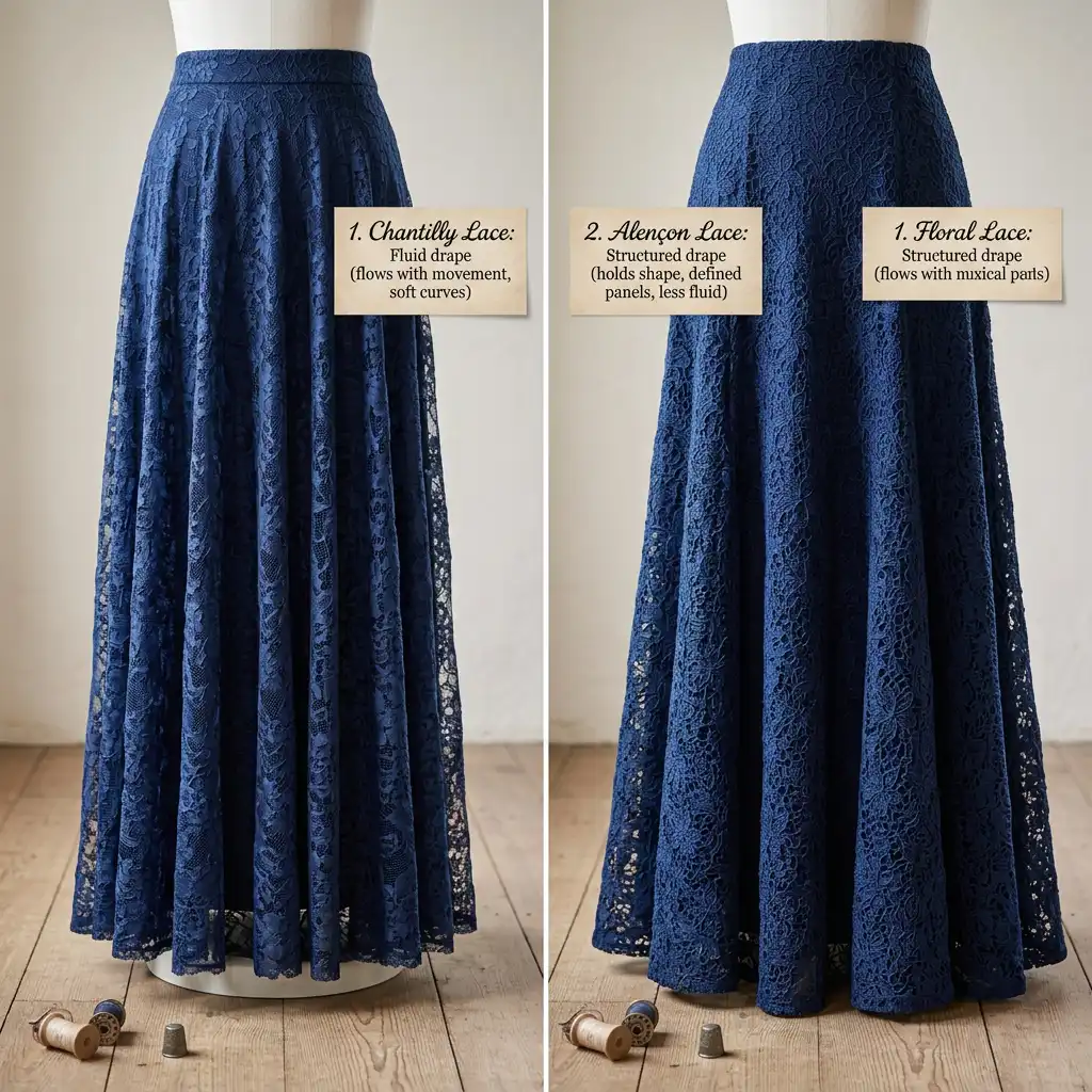 Two long skirt fabrics draped side by side showing different levels of movement Caption