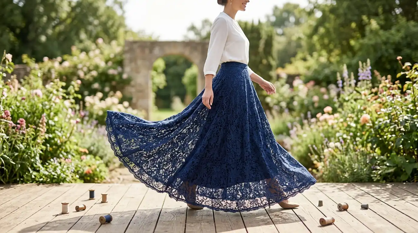 Model walking in a flowing long skirt showing fabric movement Caption