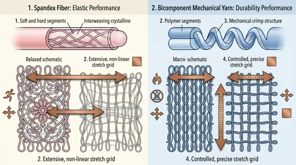 Comparison of chemical spandex stretch versus mechanical yarn stretch Caption
