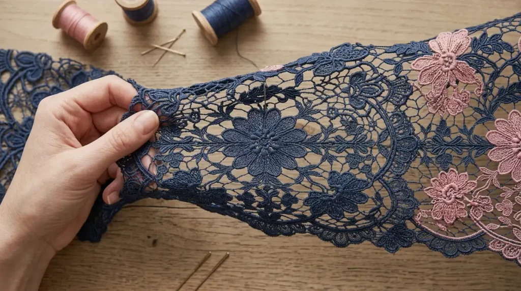 Stretch lace fabric shown slightly stretched to show flexibility Caption