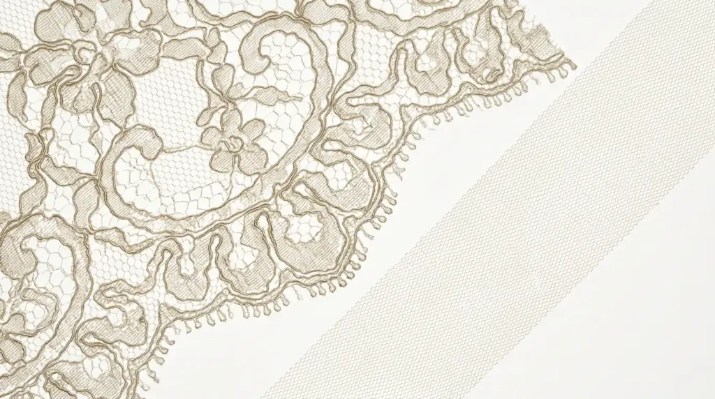 Macro of lace net ground beside plain tulle
