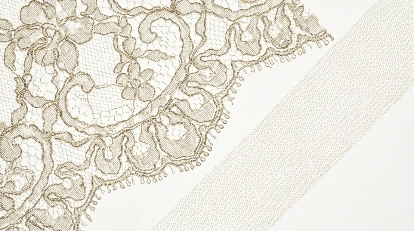 Macro of lace net ground beside plain tulle