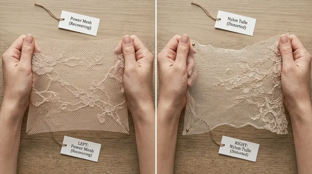 Hands stretching power mesh and tulle swatches