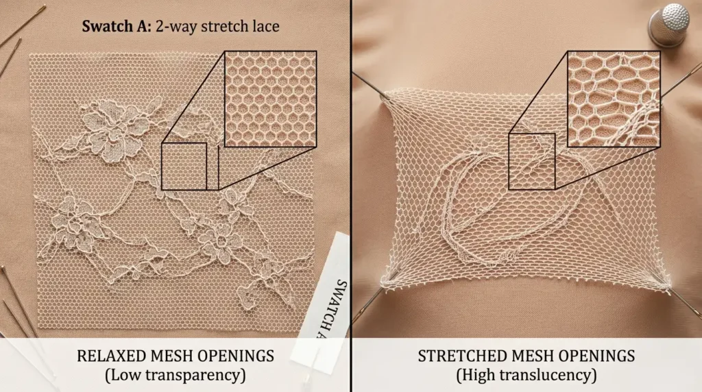 Power mesh relaxed and stretched over a skin-tone background showing change in opacity Caption