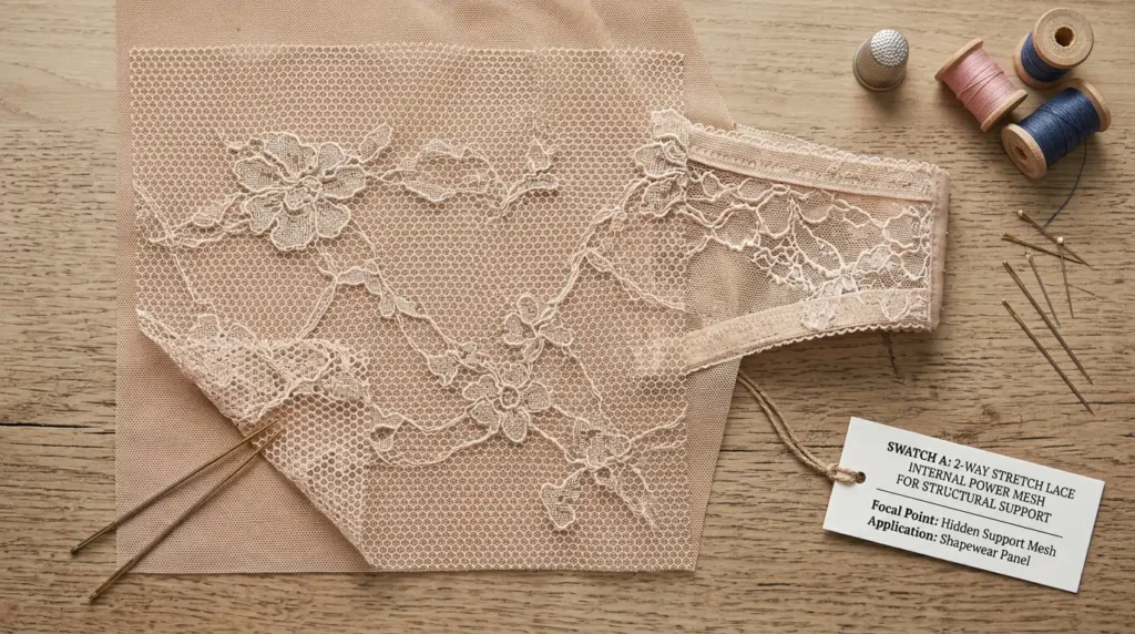 Bra wing and waistband sample with a power mesh support layer turned out to show construction Caption