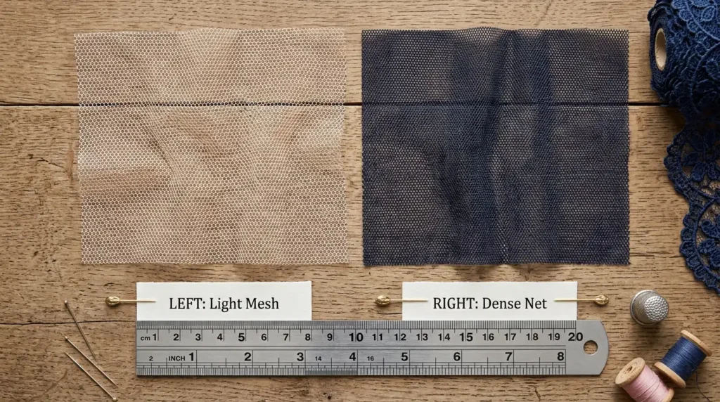 Light power mesh and heavier power net swatches side by side with a ruler for scale Caption