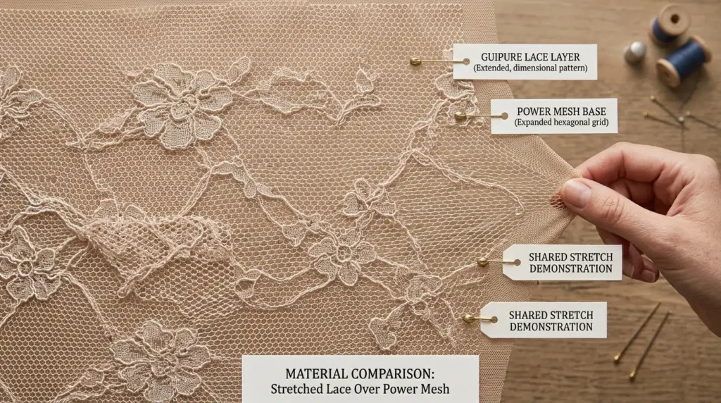 Stretch lace overlaid on power mesh base swatch being gently stretched Caption