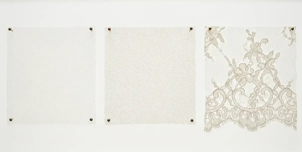Tulle, mesh and lace swatches backlit side by side