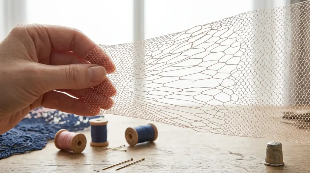 Hand stretching a power mesh fabric swatch to show the open mesh structure and elasticity Caption